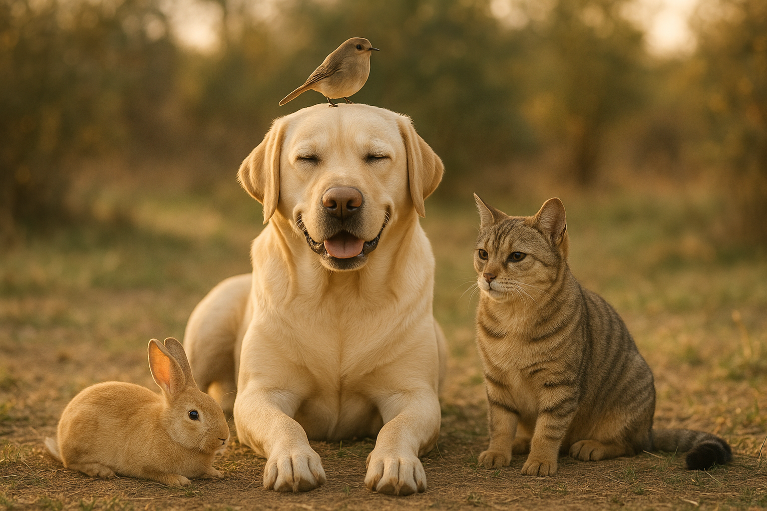 Labrador con uccellino gatto e coniglio